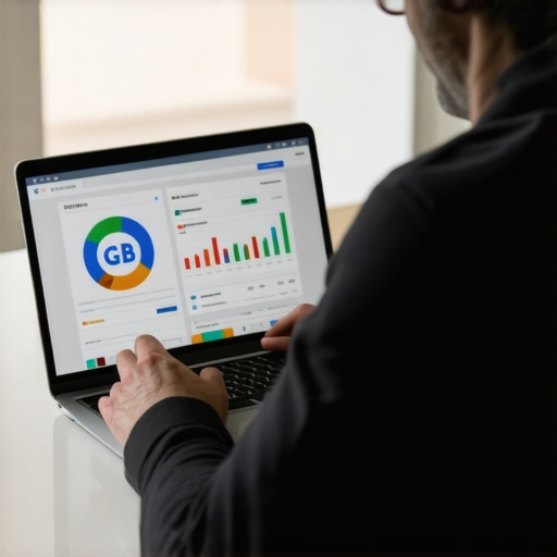 Business owner reviewing detailed local SEO analytics on a laptop, focusing on GBP performance metrics