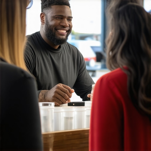 Business owner interacting with customers at a local event