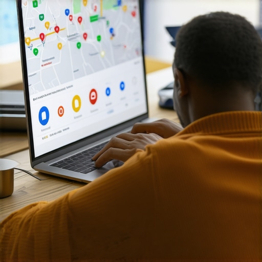Business owner working on local SEO strategies with laptop and charts