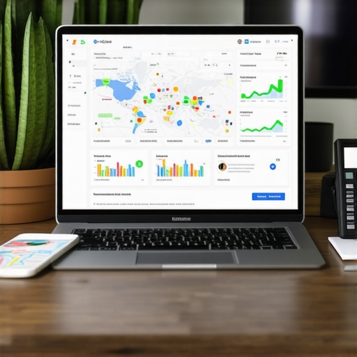 Workspace with laptop showing Google Maps analytics and SEO tools