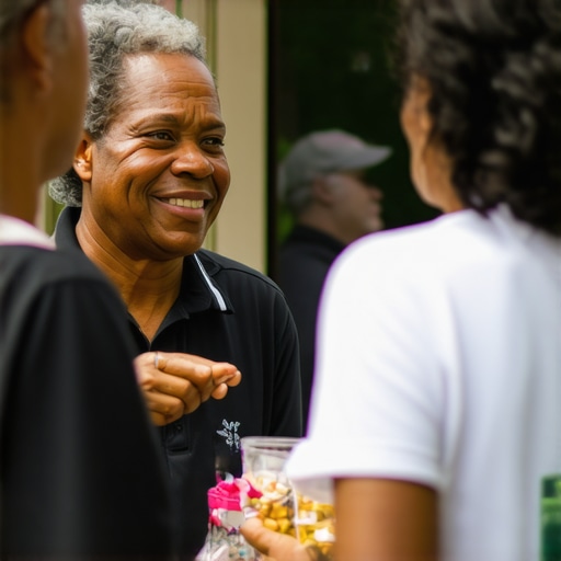 Business owner interacting with community members at a local event