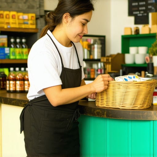 A friendly local business owner interacting with customers in a busy shop setting, fostering community trust