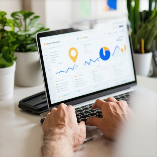 Person analyzing local SEO data on a laptop with maps and graphs in the background.