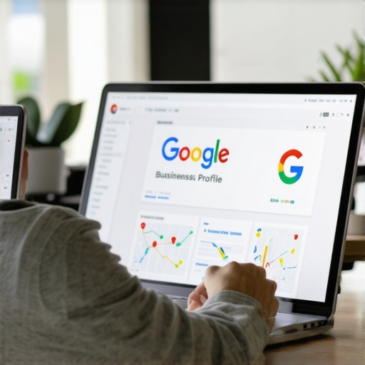 Business owner updating Google Business Profile on a laptop with maps and analytics
