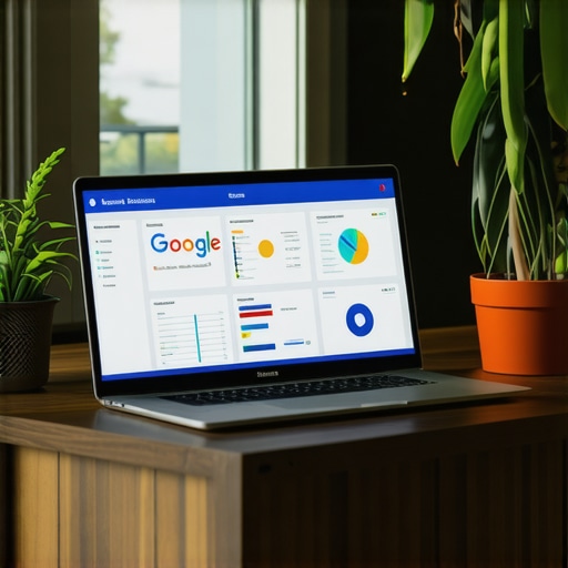 Laptop showing Google My Business dashboard and SEO analytics.