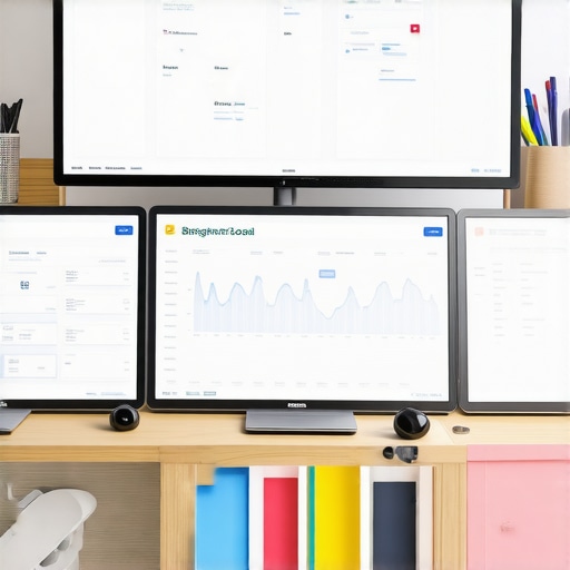 A workspace with screens displaying local SEO dashboards and tools for managing Google Business Profiles