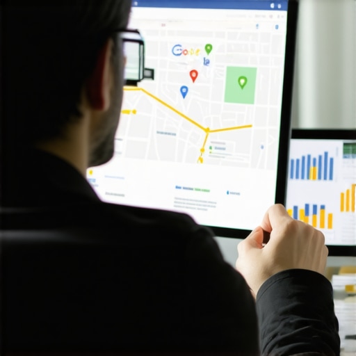 SEO specialist reviewing Google Map ranking data on a laptop.