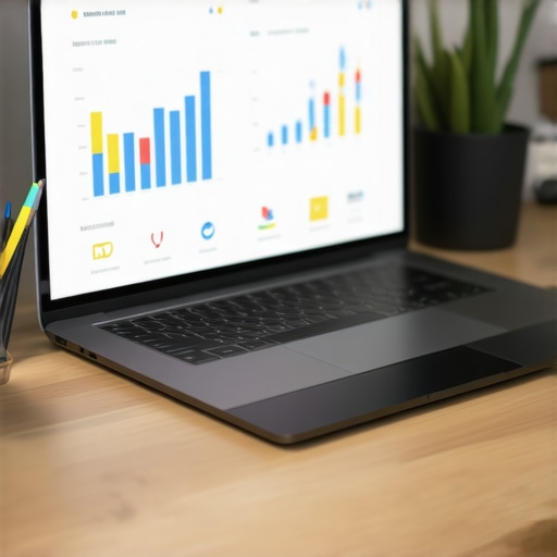 A workspace featuring SEO analytics dashboards, charts, and a laptop showing local business rankings