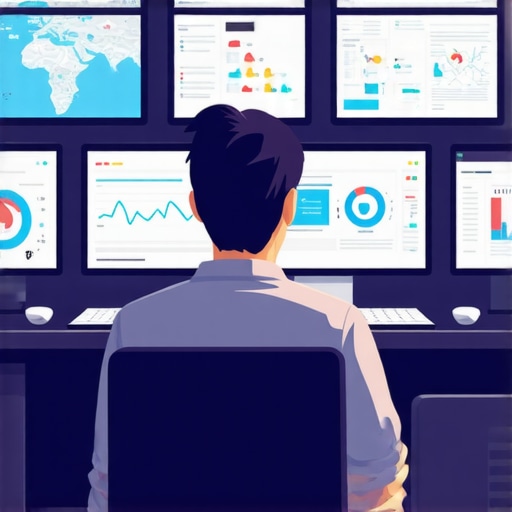 A workspace with SEO analytics display and maps software on screens