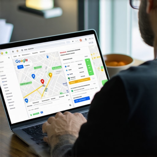 Optimizing GMB Profile on Laptop Business owner optimizing Google My Business profile on laptop with SEO analytics