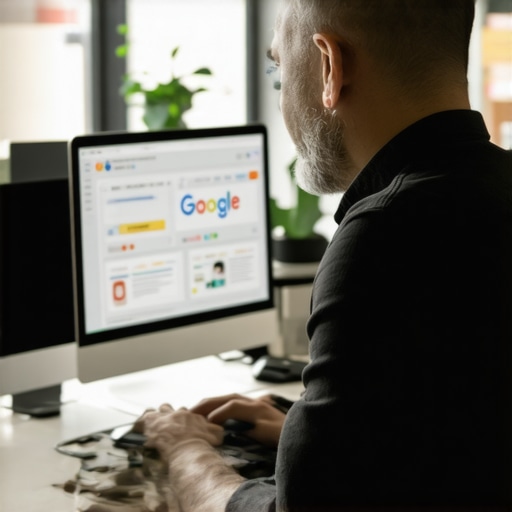 Business owner actively managing Google Business Profile on a laptop with marketing graphics.