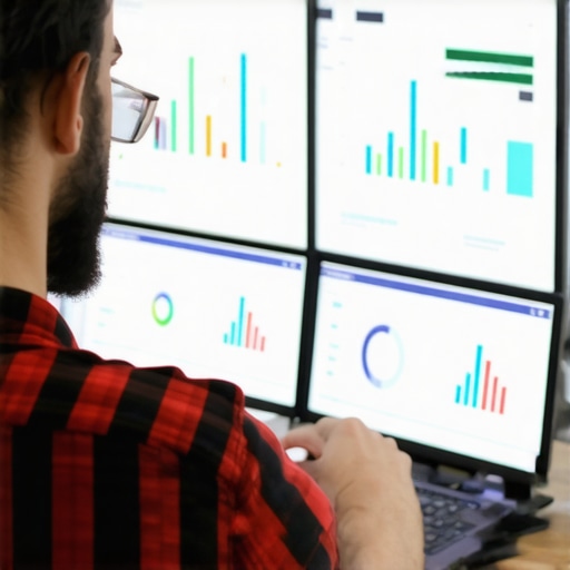 A person working with multiple screens displaying SEO analytics and local search data.