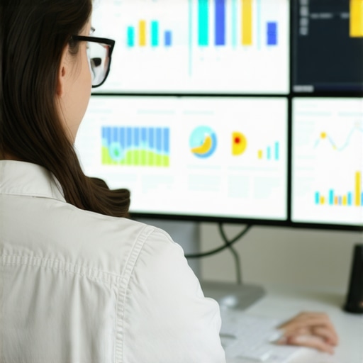 A person working on SEO analytics on multiple monitors to maintain Google Business Profile performance