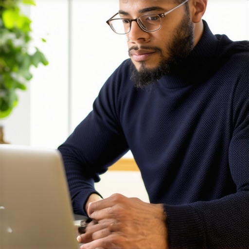 Business owner optimizing Google My Business profile on laptop with local SEO elements