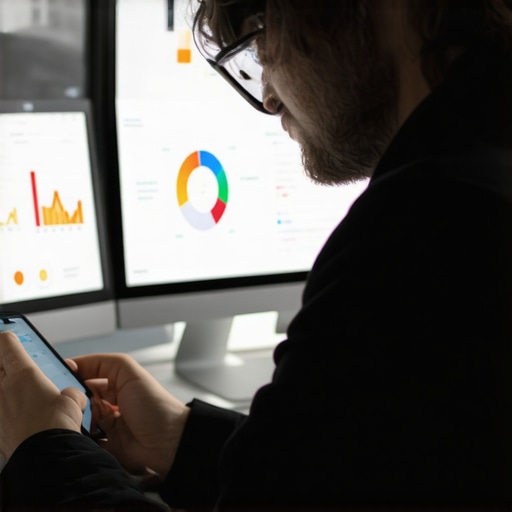 Business owner analyzing local SEO performance on a digital dashboard with a smartphone, emphasizing tools used for maintaining Google Maps rankings.