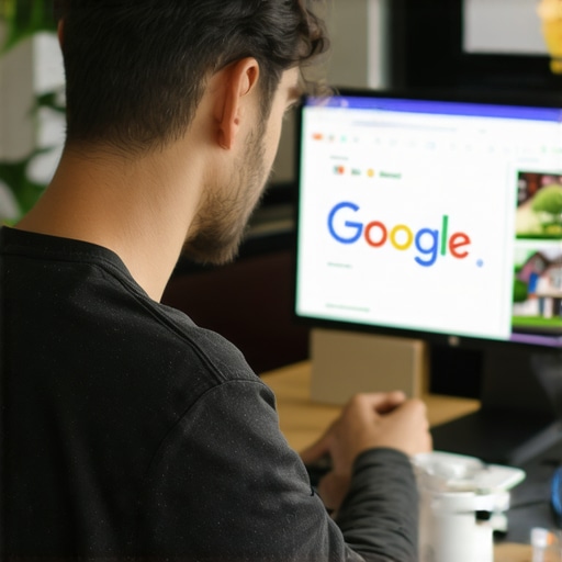 Business owner uploading images to GMB profile with neighborhood backdrop.