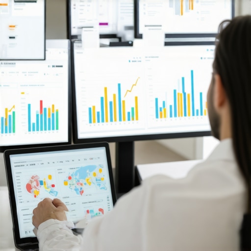 A digital marketer reviewing local SEO analytics on multiple screens with charts and graphs.