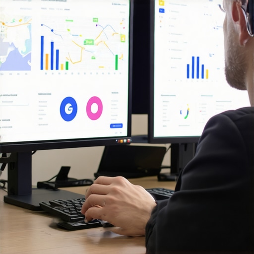 A person analyzing SEO performance data on multiple screens, emphasizing tools that support sustainable local search growth.
