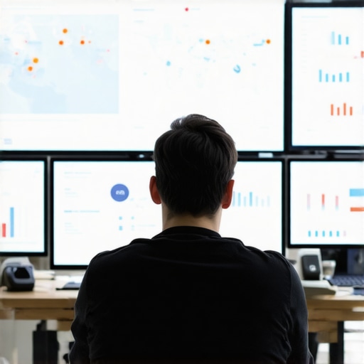 Person analyzing local SEO data on multiple screens showing maps, reviews, and rankings.