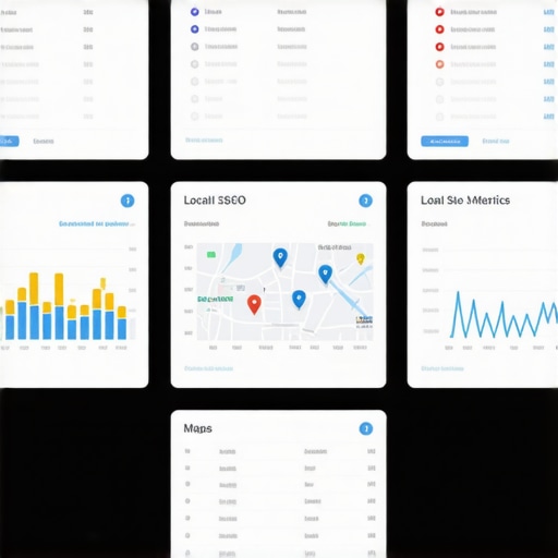 Local SEO Performance Dashboard Screenshot of a digital dashboard displaying local SEO metrics and map rankings.