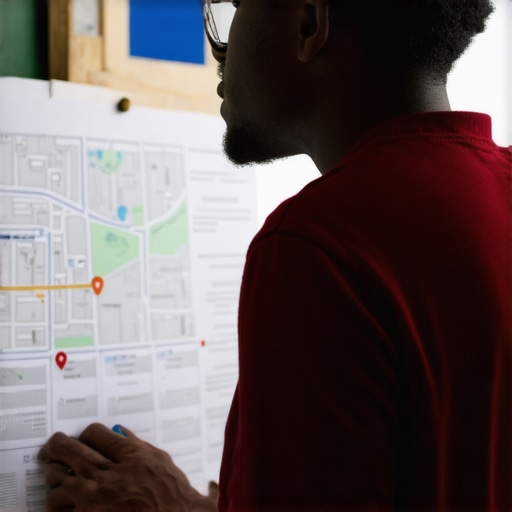 Person analyzing local geo-pages and maps for hyper-specific SEO tailoring.