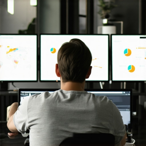 A professional marketer managing SEO dashboards and maps on dual screens in a sleek office setting