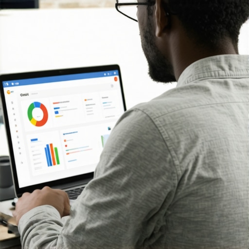 Business owner editing Google Business Profile with charts in the background.