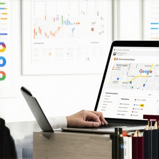 Person editing a Google Business Profile on a laptop with maps and analytics charts in the background.