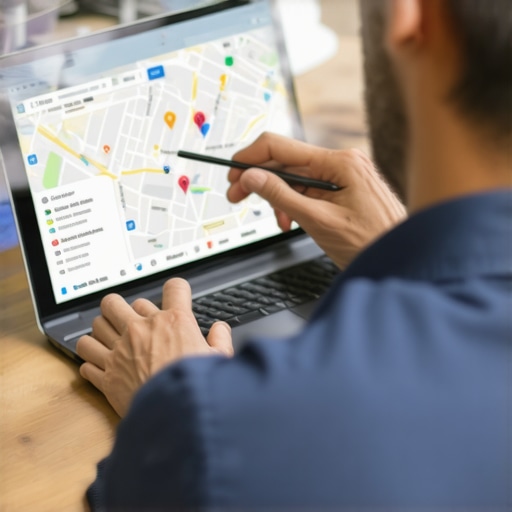 Person updating business information on a laptop for better Maps ranking